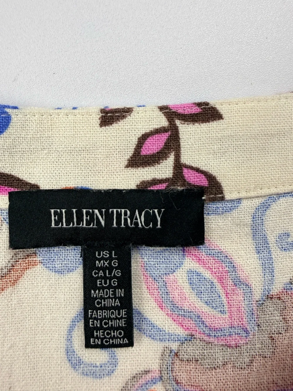 Ellen Tracy Mixed Botanical Floral Linen Blend Scalloped Boxy Top Large coastal - Picture 6 of 8